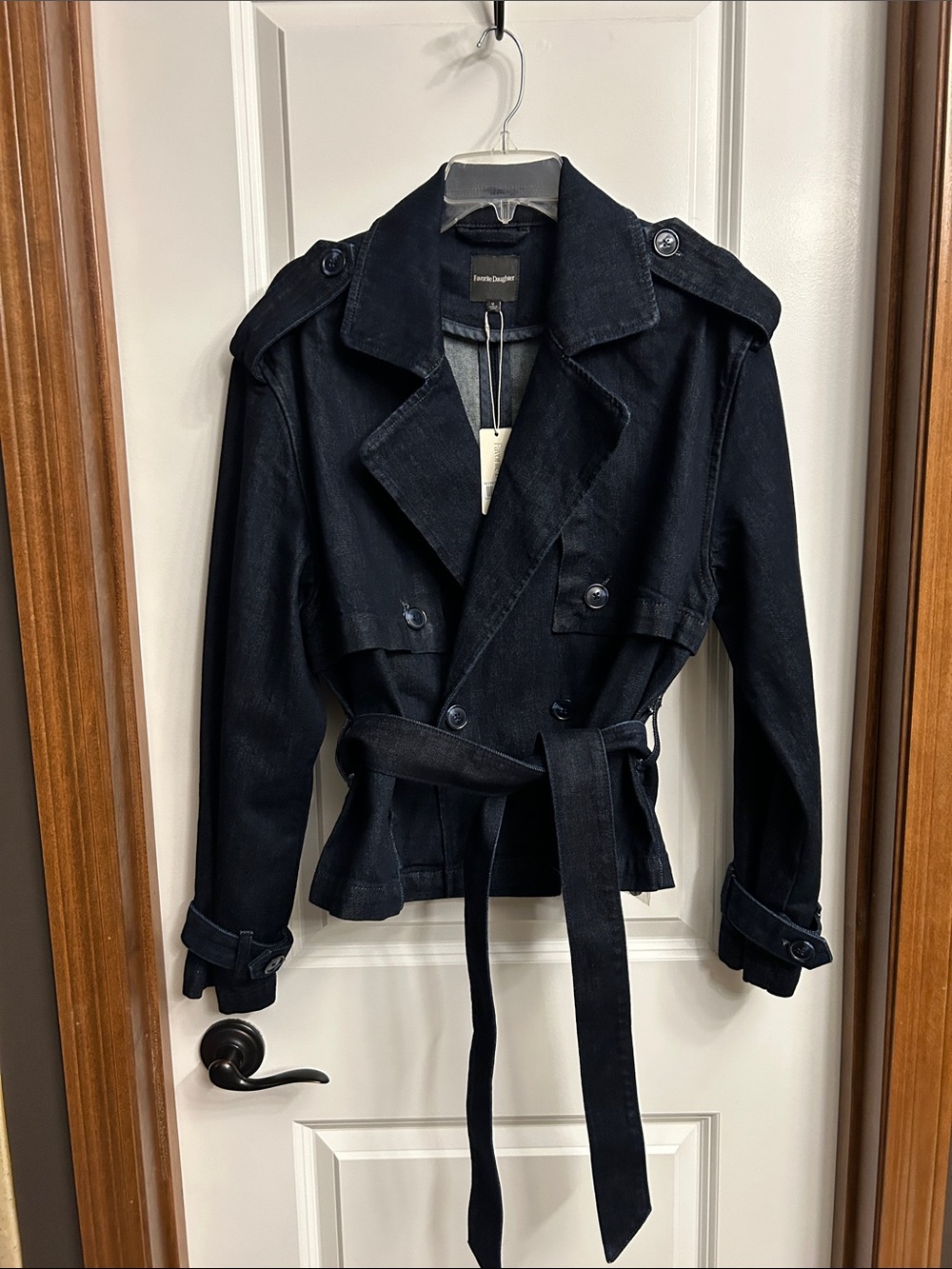 Favorite Daughter Charles Cropped Dark denim Trench Belted Jacket